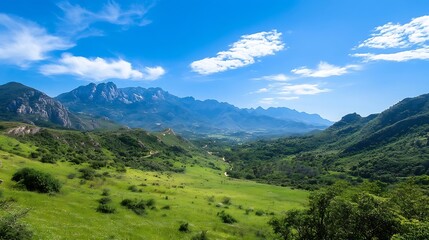 Fototapeta premium Breathtaking Mountain Landscape with Rolling Hills and Clear Blue Sky During Daylight : Generative AI