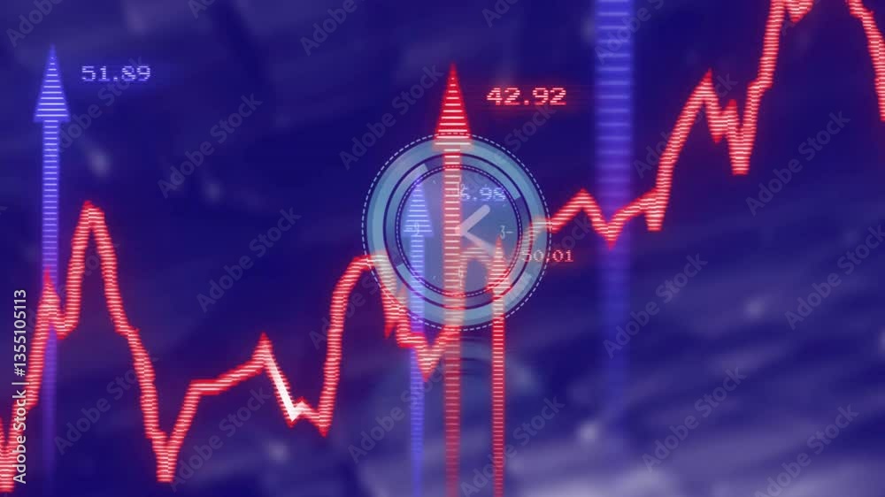 Poster animation showing rising red graph line with digital clock on blue background