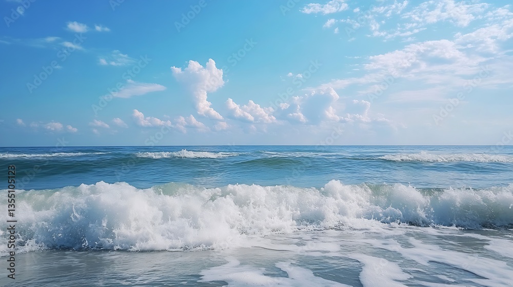 Aufkleber tranquil ocean waves crashing gently against the shore under a bright blue sky filled with fluffy cl