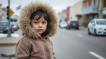 Fototapeta premium little greenlandic girl on street in nuuk greenland, child with dark hair in national dress, nationality, diversity, alaska, people of the north