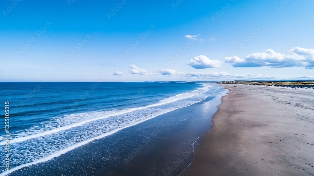 Poster panoramic view of a tranquil beach with gentle waves and clear blue skies over soft sandy shores : g