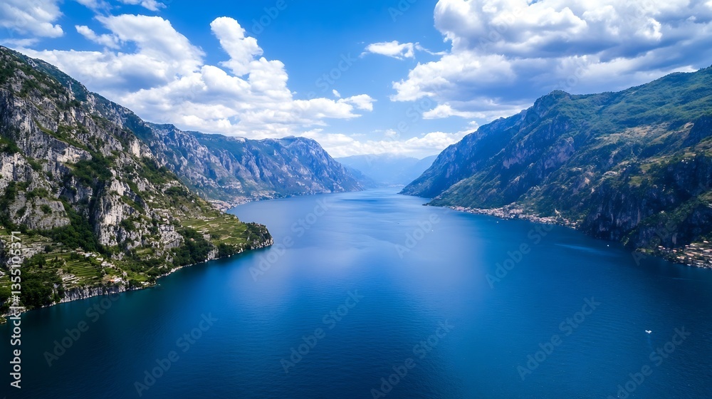 Poster breathtaking aerial view of a deep blue lake surrounded by majestic mountains under a partly cloudy 