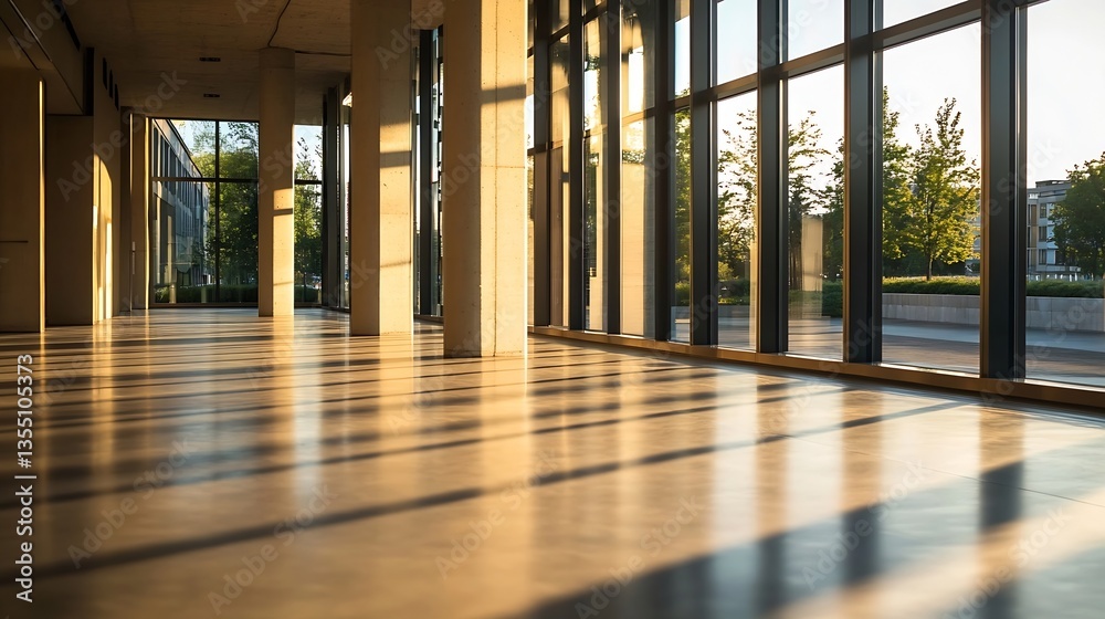 Fototapete brightly lit modern hallway with large windows casting shadows in elegant architecture : generative 