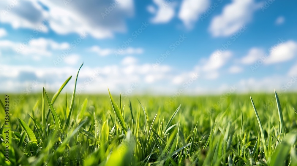 Poster vibrant green grass under a clear sky with fluffy clouds for a serene nature background : generative