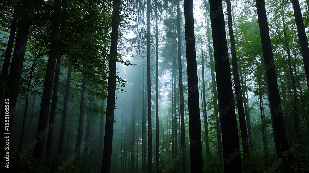Aufkleber Mysterious misty forest with tall trees beautifully illuminated by soft light creating a serene atmosphere : Generative AI