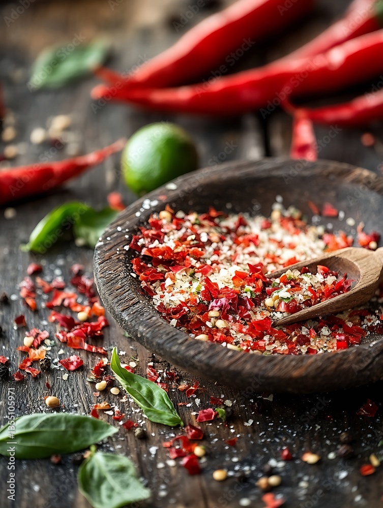 Aufkleber Red chilies and spices in a wooden bowl on rustic table adding flavor to dishes : Generative AI