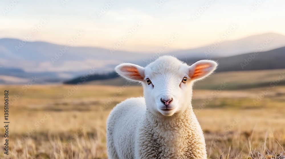 Poster a fluffy white lamb standing in a sunlit field with mountains in the background during a beautiful s