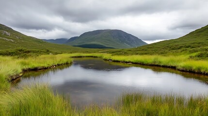 Obraz premium Peaceful river weaving through green landscapes and mountains under a moody sky : Generative AI