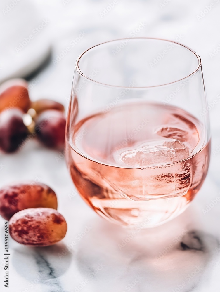 Poster refreshing glass of rose wine with ice and grapes on a marble table for elegant dining : generative 