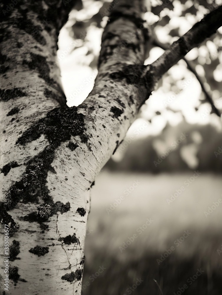 Fototapete Charming monochrome closeup of a birch tree trunk highlighting its intricate texture and natural beauty in a serene setting : Generative AI
