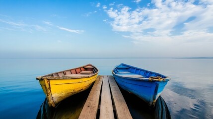 Obraz premium Two colorful wooden boats anchored at a tranquil lake with clear blue skies and serene water : Generative AI