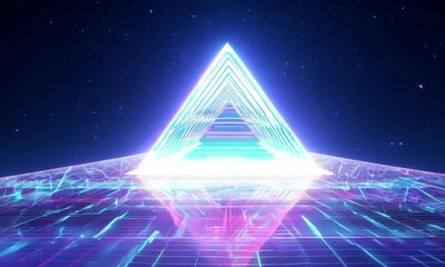 A glowing holographic pyramid floats in a dark void, its layers shifting and pulsing with neon pink, green, and blue light. Abstract futuristic aesthetic - Powered by Adobe