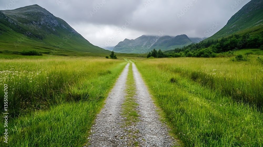 Poster serene rural path winding through lush green fields and majestic mountains under a cloudy sky : gene