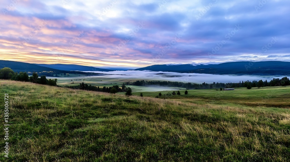 Poster breathtaking view of tranquil green fields and misty mountains during sunrise in a rural setting : g