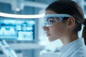young woman wearing futuristic glasses in high tech environment, focused on her work. scene conveys innovation and advanced technology in clinical setting