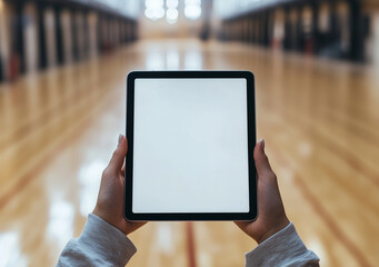 Holding Blank Screen Tablet Device with Gym Background for Mockup/Overlay, Modern Tech