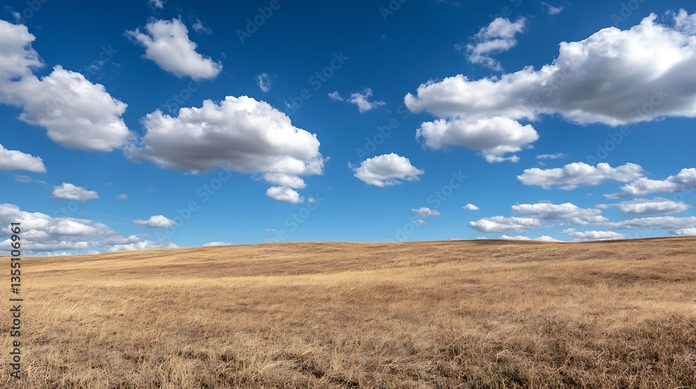 Poster spacious dry field under a bright blue sky with scattered fluffy clouds in the afternoon : generativ