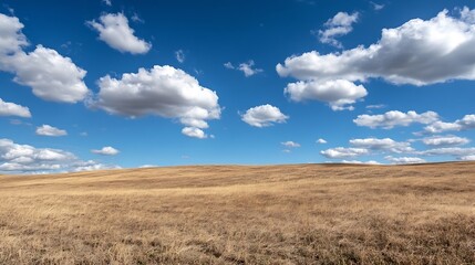Obraz premium Spacious dry field under a bright blue sky with scattered fluffy clouds in the afternoon : Generative AI