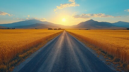 Tranquil road vanishing into the sunset through golden fields and distant mountains