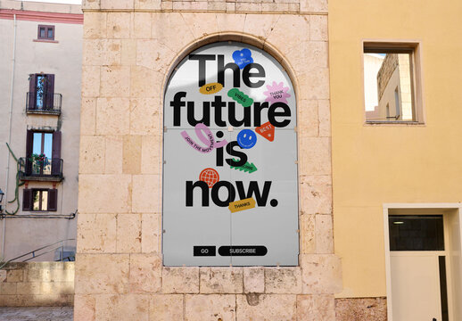 Urban Mockup of a Large Glass Window Template on a Historic Building