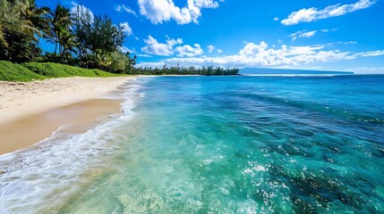 Obraz premium Breathtaking Tropical Beach with Clear Waters and Lush Green Landscape Under a Bright Blue Sky : Generative AI