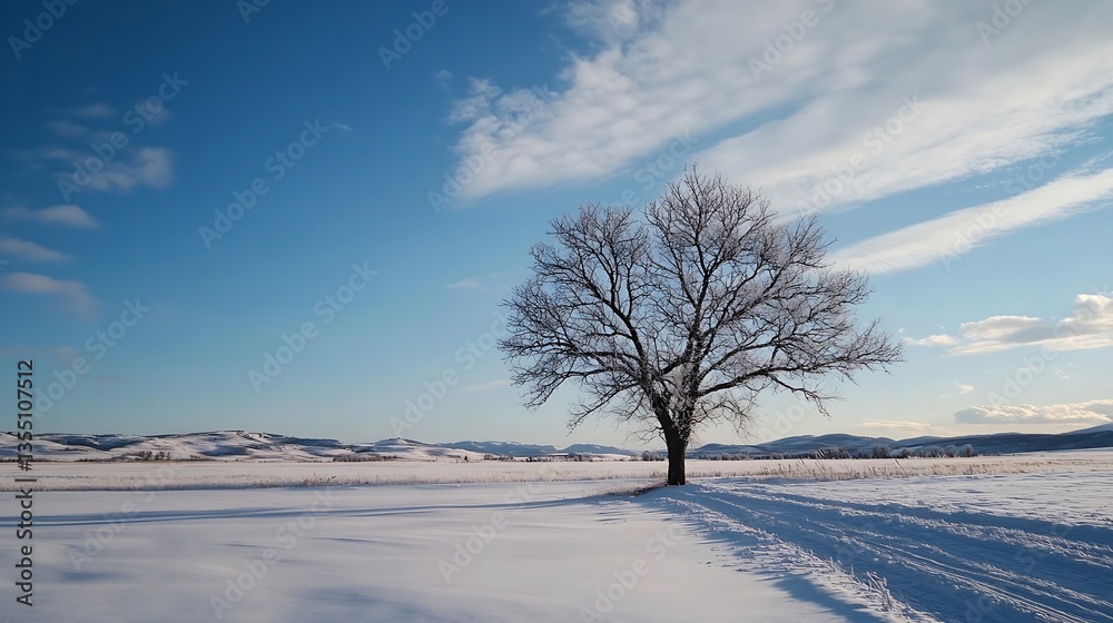 Poster majestic winter scene with a bare tree standing alone in snow covered field under blue sky : generat