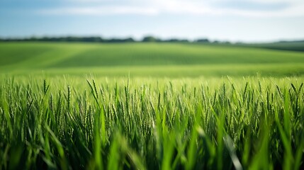Fototapeta premium Lush green grass field stretching into the distance under bright sunlight showcasing nature's beauty : Generative AI