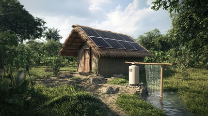 Fototapeta premium A small thatched roof dwelling with solar panels on the roof