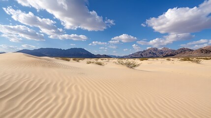 Naklejka premium Expansive Desert Landscape with Rolling Sand Dunes and Blue Sky : Generative AI