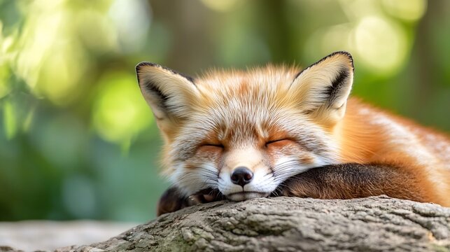 Charming red fox peacefully sleeping while resting its head on a log in a serene woodland environment : Generative AI - Powered by Adobe