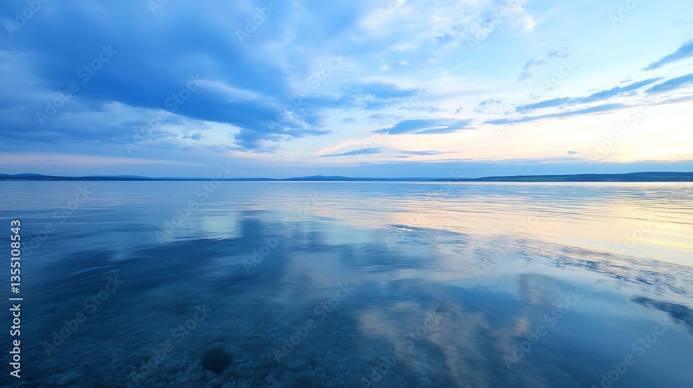 Poster Stunning landscape of calm water reflecting clouds at twilight creating a tranquil atmosphere : Generative AI