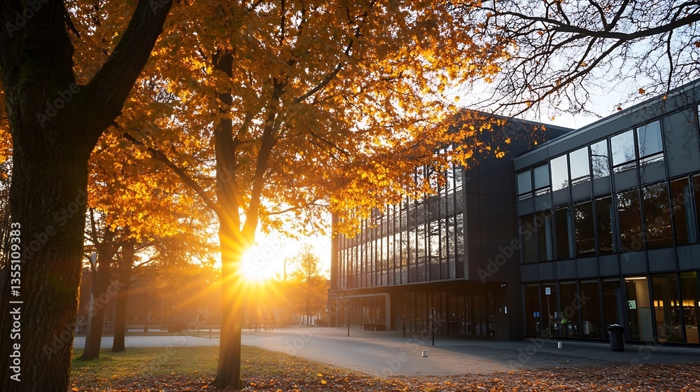 Poster Golden sunlight filtering through autumn leaves in a park with modern architecture in the background : Generative AI