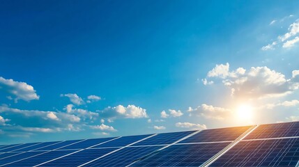 Solar Panels Capturing Sunlight Under a Bright Blue Sky with Fluffy Clouds in the Background : Generative AI
