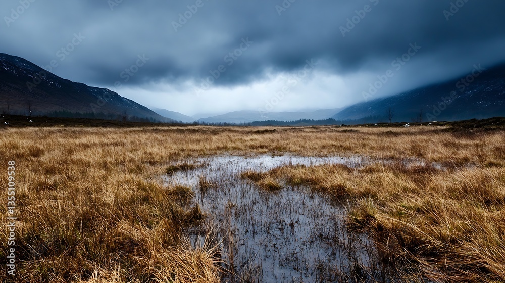 Poster Serene Landscape of Marshy Field Under Dramatic Sky Creating a Unique Visual Experience in Nature : Generative AI