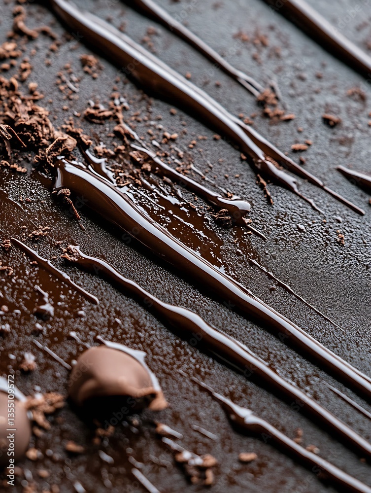 Poster close up view of rich dark chocolate texture and drizzled melted chocolate on a dark background : ge