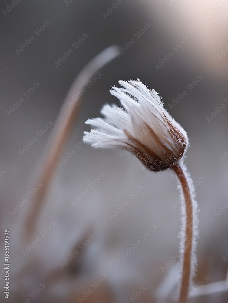 Poster delicate closeup view of a frosted flower showcasing intricate details and soft colors against a blu
