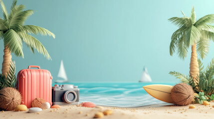 Obraz premium Summer vacation concept with pink suitcase, vintage camera, surfboard and coconuts on a tropical beach with palm trees