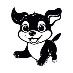 A sleek black and white vector illustration of a smiling baby dog with its head tilted in a cute, happy pose on a white background