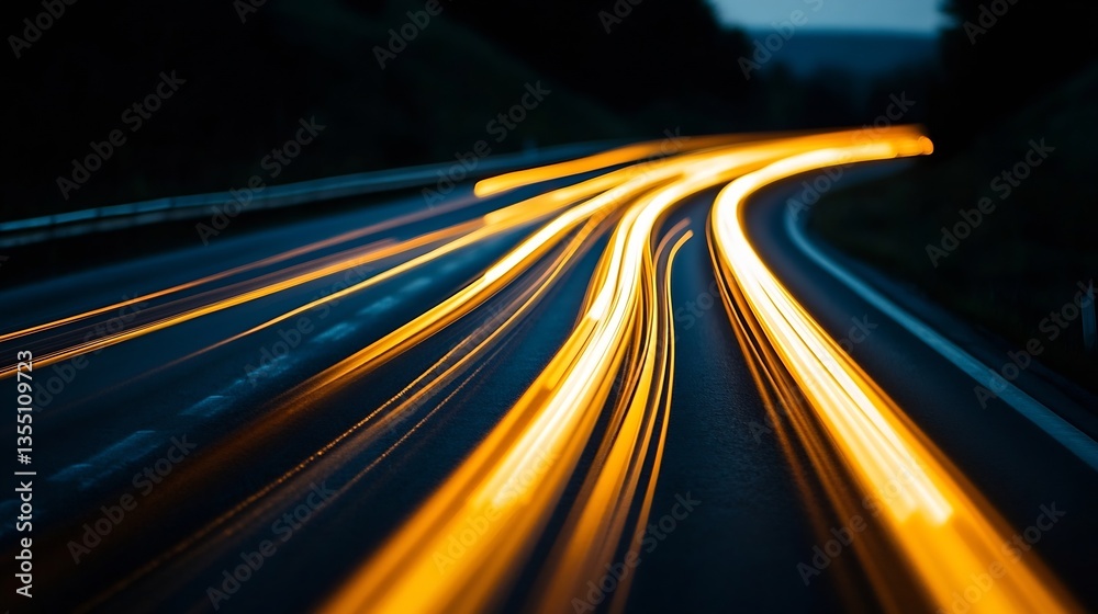 Poster long exposure photo of illuminated car lights creating a stunning blur effect on a winding road at n