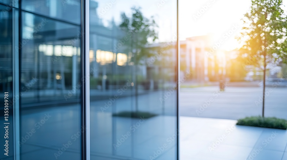 Poster Reflective glass panels capturing warm sunlight in an urban setting creating a vibrant atmosphere : Generative AI
