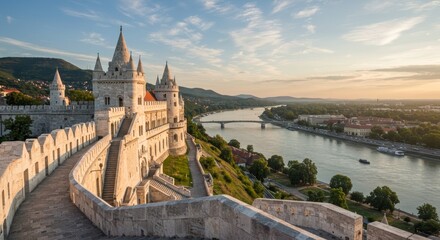 Majestic Castle Overlooking River Cityscape - Panoramic view of a majestic castle perched atop a hill overlooking a river and a sprawling city at sunrise
