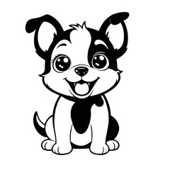 A black and white vector silhouette of a baby dog giggling, its tiny paws up in excitement on a white background