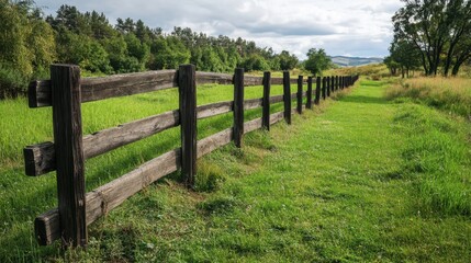 Rustic Wooden Fence Along Lush Green Field and Scenic Landscape