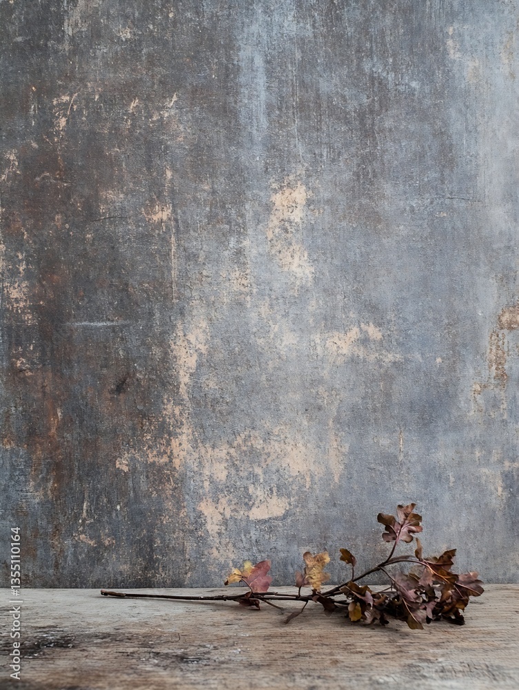 Poster minimalistic presentation of dried leaves placed elegantly on a rustic textured wooden surface : gen