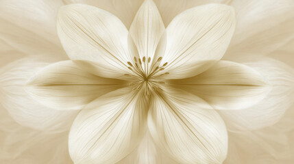 A perfectly symmetrical tropical flower with smooth ivory petals and a golden core, fine details of veins and petal edges visible, studio photography style