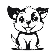 A black and white vector silhouette of a baby dog with a sweet smile, sitting in a relaxed pose on a white background
