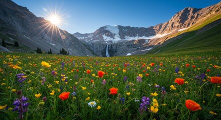 Majestic Mountain Meadow Sunrise - Vibrant wildflowers bloom in a breathtaking alpine meadow, bathed in the golden light of sunrise. Symbolizing peace, freedom, beauty, renewal, and abundance