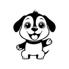 A simple black and white vector illustration of a cheerful baby dog standing on its hind legs, smiling brightly on a white background