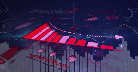 Animation of red and white bar graphs with virus icons on digital data background - Powered by Adobe