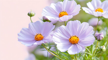 Fototapeta premium Pale Cosmos Flowers in Garden, Soft Pink Background